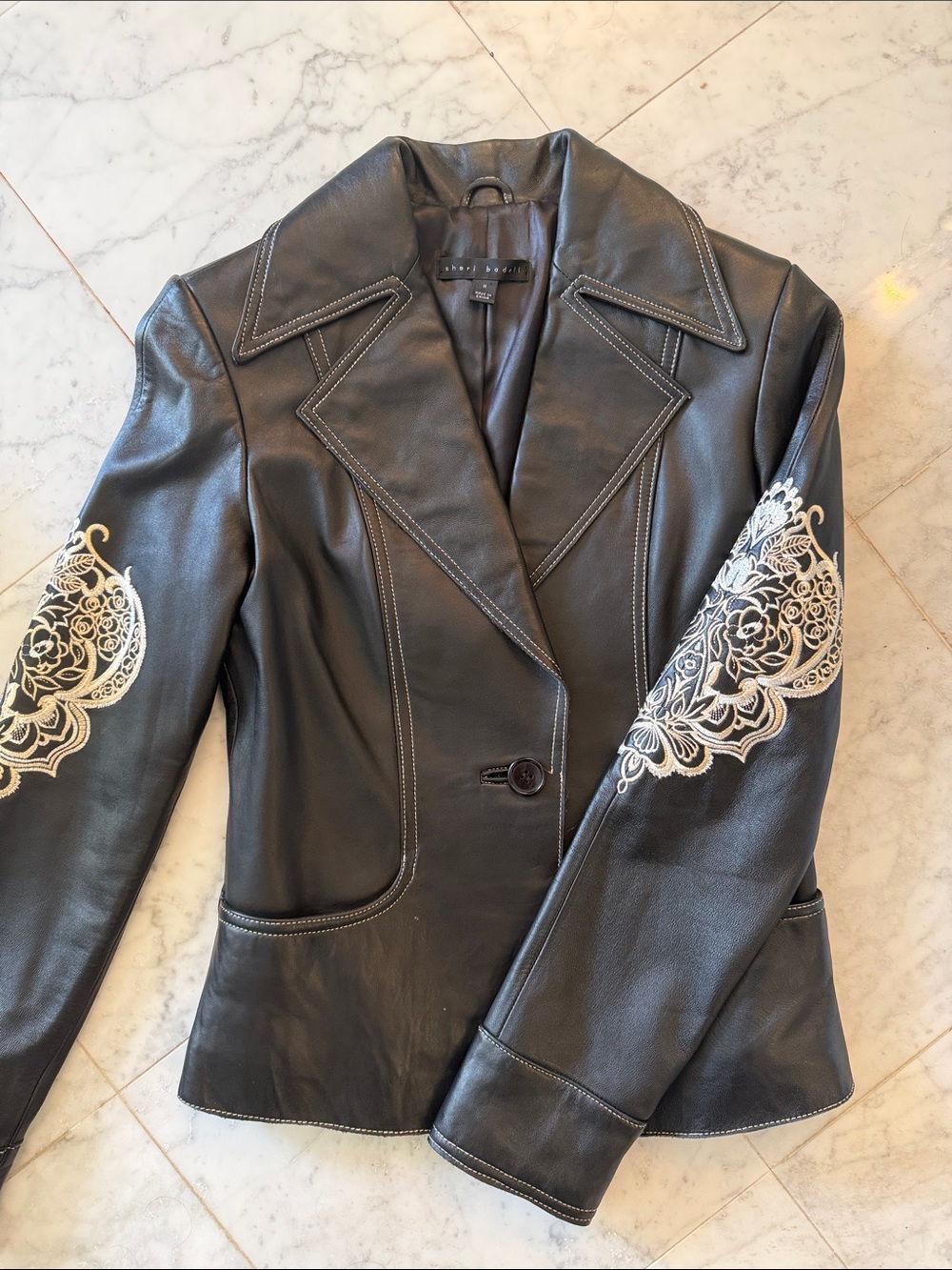 Sheri Bodell Black Lamb Leather Jacket w/ White Embroidered Sleeves